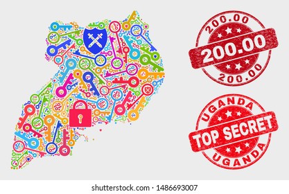 Safety Uganda map and seals. Red round Top Secret and 200.00 grunge seals. Bright Uganda map mosaic of different registration elements. Vector collage for security purposes.