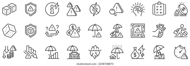 Safety umbrella, Iceberg threat and dice gambling set. Risk management line icons. Reduce finance, win chance and maze labyrinth line icons. Crisis management, insurance umbrella, threat risk. Vector