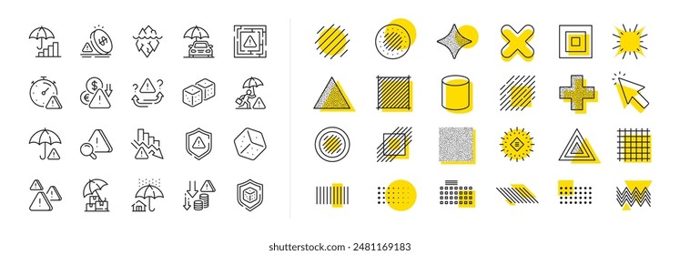 Safety umbrella, Iceberg threat and dice gambling set. Design shape elements. Risk management line icons. Reduce finance, win chance and maze labyrinth line icons. Vector