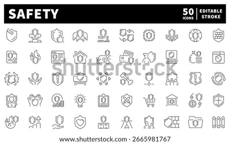 Safety vector icons in line style. Safety and protection related icons. Safety vector icons collection