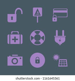 safety vector icons set. with camera, lifebuoy, pedestrian sign and solar panel in set