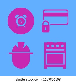 safety vector icons set. with credit card lock, alarm, builder and gas stove in set