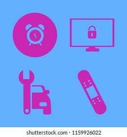 safety vector icons set. with cyber security, car repair, patch medicine and alarm in set