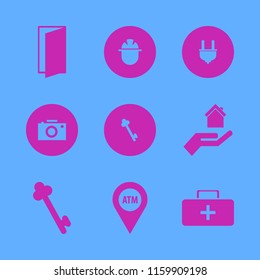 safety vector icons set. with door open, first aid bag, builder and key in set