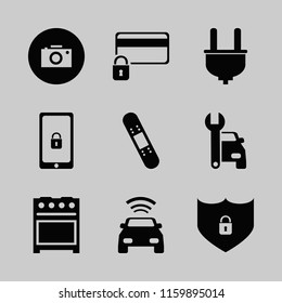 safety vector icons set. with gas stove, car with signal, patch medicine and plug in set