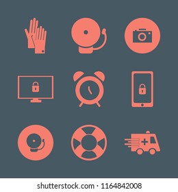 safety vector icons set. with gloves, ambulance car, mobile security and school bell in set