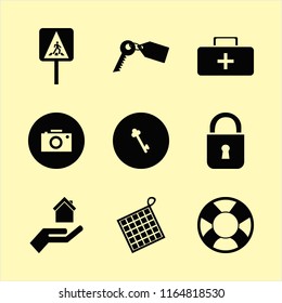 safety vector icons set. with key, pedestrian sign, first aid bag and lifebuoy in set