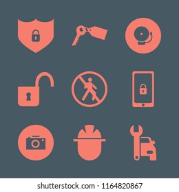 safety vector icons set. with mobile security, car repair, no pedestrian crossing and key tag in set