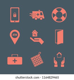safety vector icons set. with mobile security, lifebuoy, door open and atm location in set