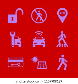 safety vector icons set. with open lock, car with signal, solar panel and key card in set