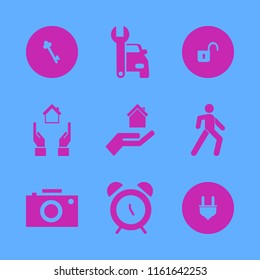 safety vector icons set. with open lock, camera, alarm and hands house in set