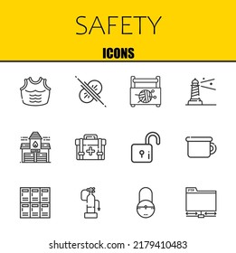 safety vector line icons set. armor, collision and sewing box Icons. Thin line design. Modern outline graphic elements, simple stroke symbols stock illustration