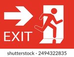 Safety vector symbol. Emergency exit sign. People running out fire exit. Running people and exit door sign. Escape help evacuation.