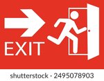 Safety vector symbol. Emergency exit sign. People running out fire exit. Running people and exit door sign. Escape help evacuation.