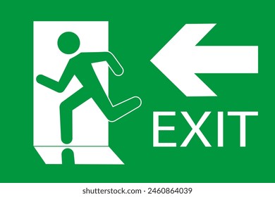 Safety vector symbol. Emergency exit sign. People running out fire exit. Running people and exit door sign. Escape help evacuation.