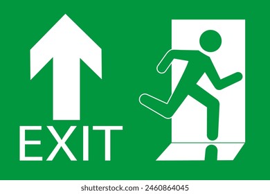 Safety vector symbol. Emergency exit sign. People running out fire exit. Running people and exit door sign. Escape help evacuation.