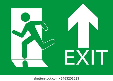 Safety vector symbol. Emergency exit sign. People running out fire exit. Running people and exit door sign. Escape help evacuation.
