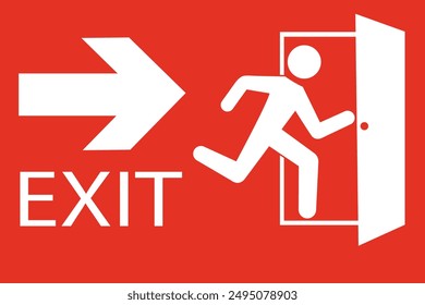 Safety vector symbol. Emergency exit sign. People running out fire exit. Running people and exit door sign. Escape help evacuation.