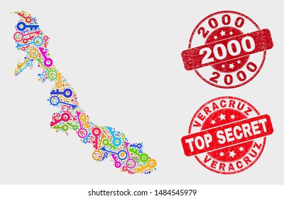 Safety Veracruz State map and seal stamps. Red round Top Secret and 2000 grunge stamps. Colored Veracruz State map mosaic of different key icons. Vector composition for guard purposes.