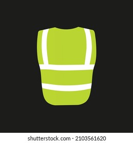 Safety vest back with fluorescent reflectors. Yellow jacket for emergency in flat vector illustration isolated on black. Workwear with visible reflecting construction for engineer, driver or builder