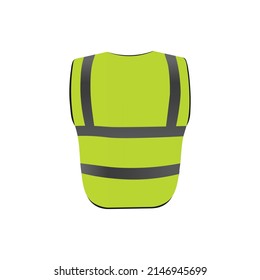 Safety vest in back with visible fluorescent reflective elements isolated on white. Yellow emergency jacket in flat vector illustration. Protective workwear for engineer, car driver or builder