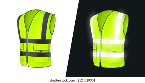 Safety vest day and night. Safety vest front side. Yellow, light green jacket with reflective stripes. Vest for construction works, drivers and road workers with reflective tape. Realistic 3d vector