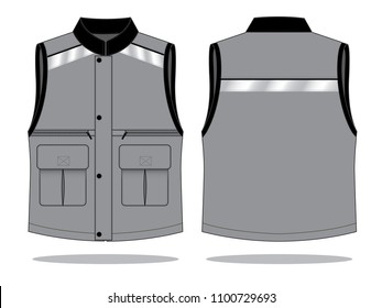 Safety vest design grey-black with multiple pockets and placket hidden zip, silver reflective tape vector