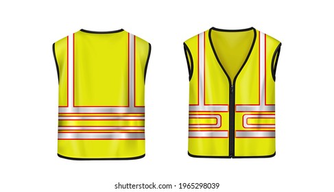 Safety vest front and back view, yellow sleeveless jacket with reflective stripes for road works, waistcoat mockup with fluorescent protective design elements Realistic 3d vector illustration, mock up