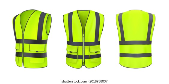 Safety vest front, back view and side. Yellow, light green jacket with reflective stripes. Safety vest for construction works, drivers and road workers with fluorescent protective. Realistic 3d vector