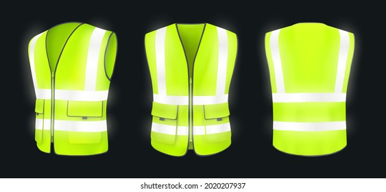 Safety vest front, back view and side at night. Yellow, light green jacket with reflective stripes. Safety vest for construction works, drivers and road workers with fluorescent protective. Realistic 