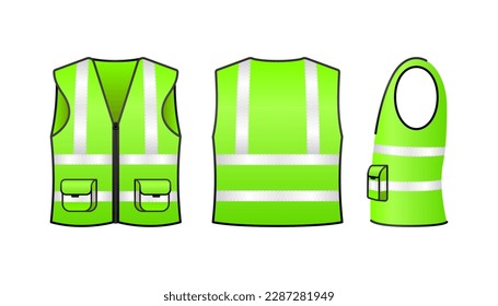 Safety vest. Front, back view and side. Light green jacket with reflective stripes. Safety vest for construction works, drivers and road workers. Vector illustration.