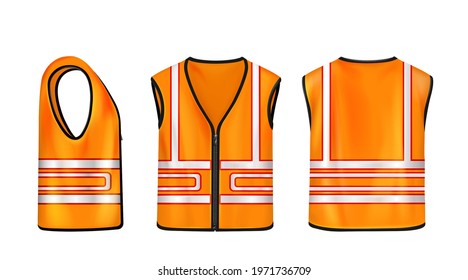 Safety vest front, side and back view, orange sleeveless jacket with reflective stripes for road works, waistcoat mockup with fluorescent protective design elements Realistic 3d vector mock up, set
