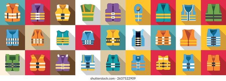  Safety vest icons set. Colorful life vest icons represent water safety, providing protection during boating, swimming, and other aquatic activities