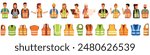 Safety vest icons set. Diverse group of professionals wearing high visibility reflective safety vests standing and holding construction tools