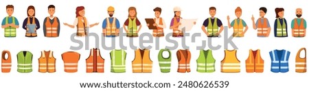 Safety vest icons set. Diverse group of professionals wearing high visibility reflective safety vests standing and holding construction tools