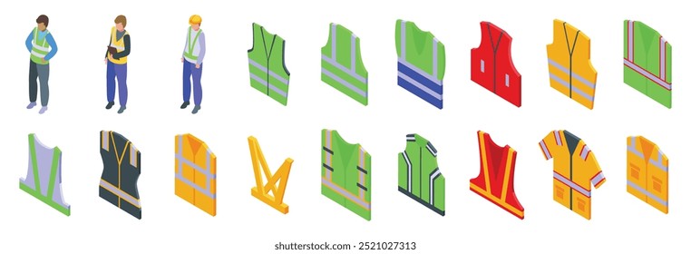 Safety vest icons set. Large set of high visibility reflective safety vests isometric icons showing different styles and colors worn by construction workers