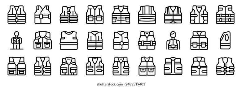 Safety vest icons set. Life vest icons set. Outline set of life vest icons for web design isolated on white background