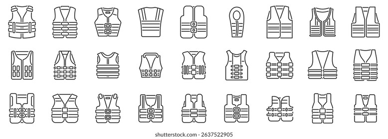  Safety vest icons set. Various styles of life vests are depicted, emphasizing the importance of safety precautions in aquatic environments