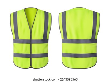Safety vest jacket, isolated security, traffic and worker uniform wear. Vector fluorescent green waistcoat realistic 3d mockup with reflective stripes and zip, personal protective clothing