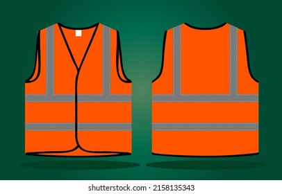 Safety vest or Safety Jacket vector illustration, orange safety jacket front and back realistic view, reflected orange jacket front and back view for mockup design