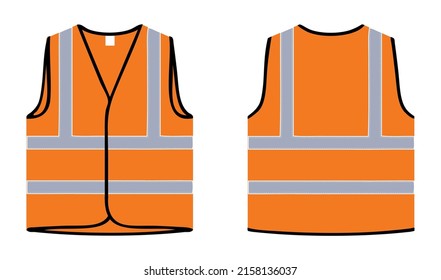 Safety Vest Or Safety Jacket Vector Illustration, Orange Safety Jacket Front And Back Realistic View, Reflected Orange Jacket Front And Back View For Mockup Design