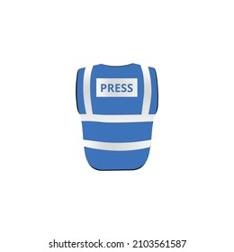 Safety vest for press, media with visible reflecting construction. Blue jacket for emergency in flat vector illustration isolated on white background. Workwear with fluorescent reflective