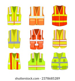 dibujos animados del conjunto de chalecos de seguridad. seguridad, ropa protectora, símbolo de chaleco reflectante de protección. ilustración vectorial de símbolo aislado