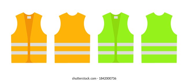 Safety vest set color jacket, icons isolated. Concept reflective clothes. Flat design. Vector illustration.