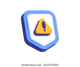 safety warning concept. notification if there is danger and error. protection and prevention system technology. illustration of shield with warning sign. flat style design with texture grain. element