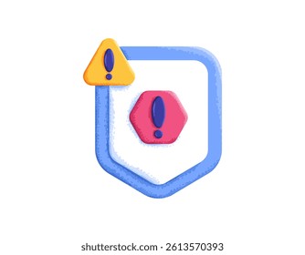 safety warning concept. notification if there is danger and error. protection and prevention system technology. illustration of shield with warning sign. flat style design with texture grain. element