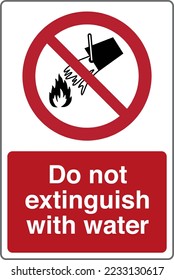 Safety warning prohibition signs icon pictogram symbol registered with text Do not extinguish with water