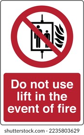 Safety warning prohibition signs icon pictogram symbol registered with text Do not use lift in the event of fire.
