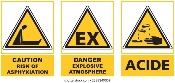 Safety Warning Sign Flammable Hazard Explosive Atmosphere.
Suffocation Asphyxiation Warning Sign - risk of Asphyxiation.
danger acid sign. Isolated on white background.