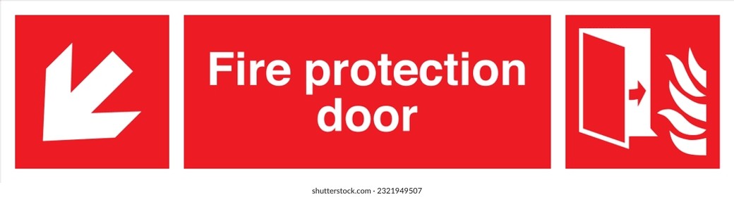 Safety warning signs fire equipment fire action signs with text Fire protection door Direction Down Left.